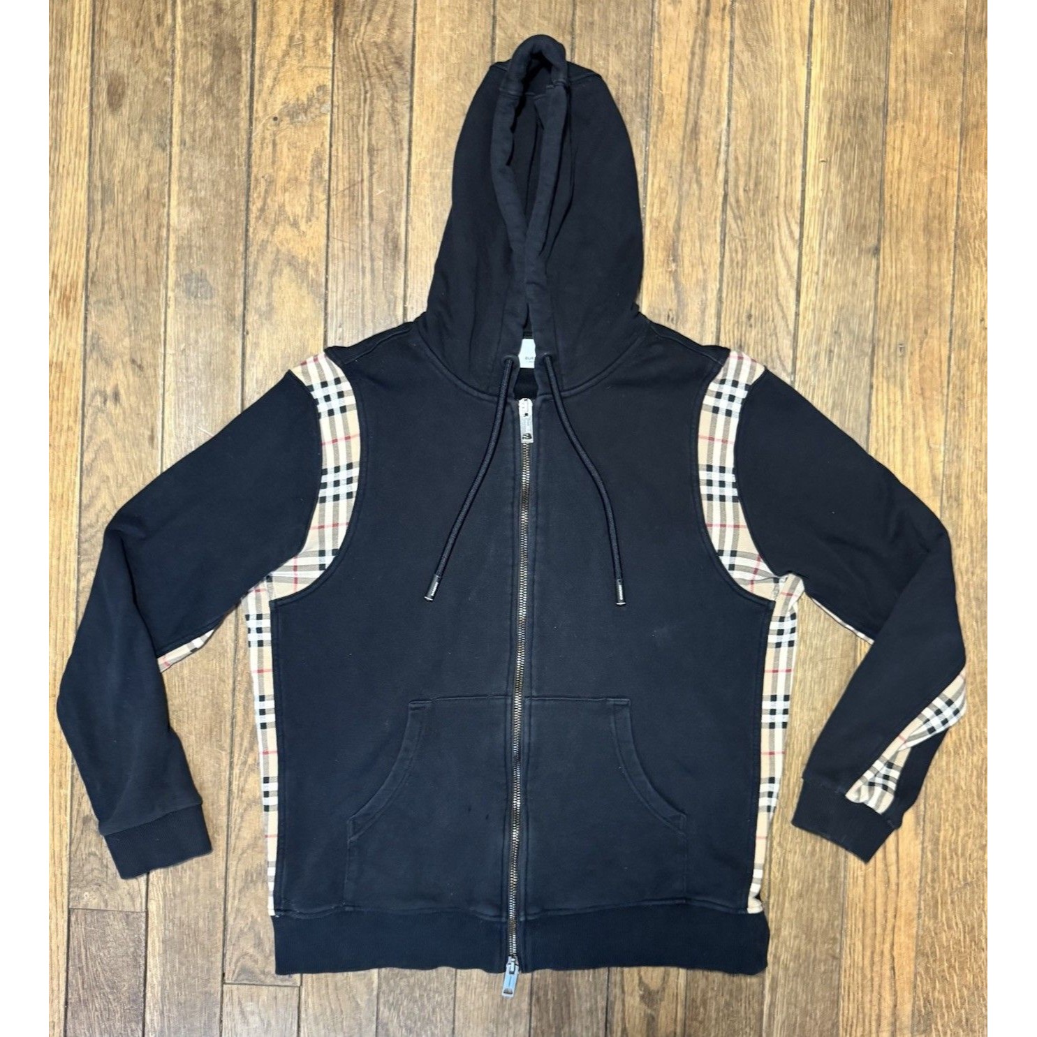 Authentic Burberry Vintage Check Panel Full Zip Hoodie Black Nova Plaid Sleeves